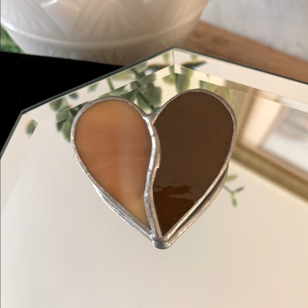 Elegant Brown and Tan Slag and Stained Glass Heart Brooch